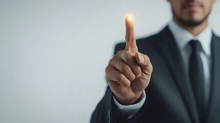 Aufkleber - Confident Businessman Gesturing Towards Invisible Screen on White Background