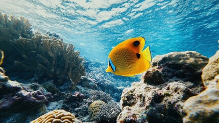 Wall Mural - Underwater Paradise: A Yellow Butterflyfish Swims Through Coral Reef