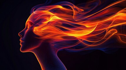 Poster - Silhouette of a woman with fiery hair, abstract digital art. Creative expression and energy concept