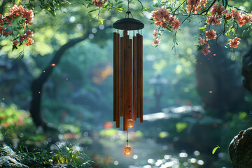 Wall Mural - A wind chime gently swaying and producing soft melodies in the breeze. Concept of soothing sounds and rhythmic tinkling.