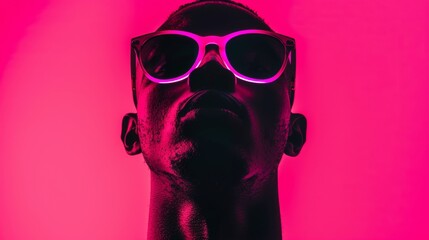 Wall Mural - portrait of a man with neon glasses on neon background