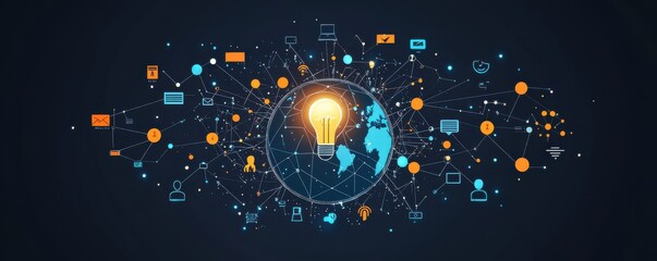 Aufkleber - Flat  illustration of global network with glowing lightbulb and interconnected people showcasing creativity and communication