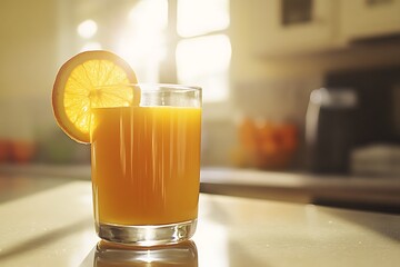 A refreshing glass of orange juice with a slice of orange on the rim.