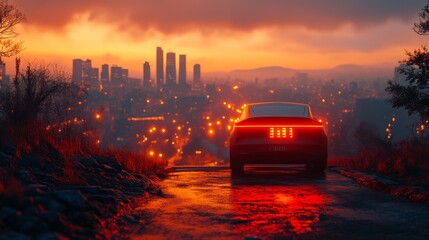 A car with illuminated tail lights parked on a hill overlooking a vibrant city skyline at sunset.