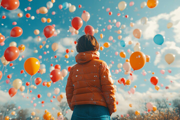 Sticker - A person gazing up at a sky full of balloons, each representing a wish sent into the universe. Concept of hope, wonder, and joy.