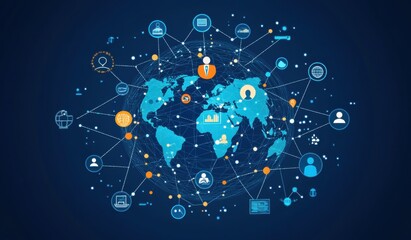Poster - Global network communication and technology connections across the world represented in a flat  illustration of Earth