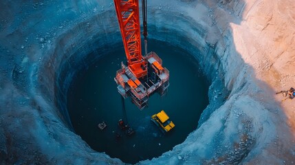 Aufkleber - Deep Borehole Opening with Crane Lowering Equipment for Further Drilling into the Earth