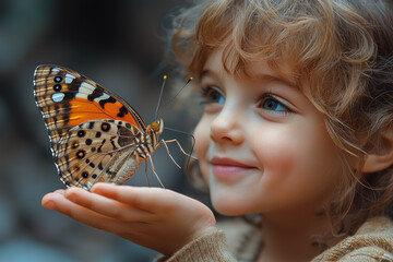 Poster - A child playing with a butterfly, their giggles filling the air as it lands on their hand. Concept of wonder in nature and simple joys.