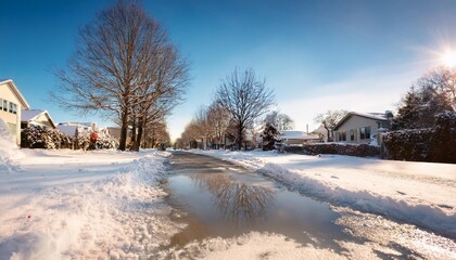 a serene snow covered suburban street with a puddle of melted snow reflecting the clear sky and bare trees on a sunny winter day