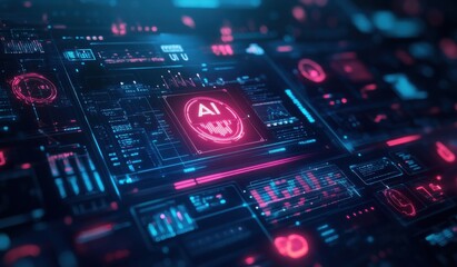 Poster - Futuristic digital interface showcasing artificial intelligence technology with holographic elements and data visualization in a neon color scheme