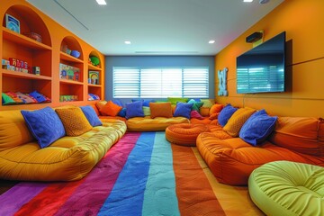 Wall Mural - A colorful and inviting playroom with a rainbow rug, comfy seating, and a large TV screen.