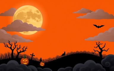 A spooky Halloween night with orange and black colors, a full moon, bats, and pumpkins. 
