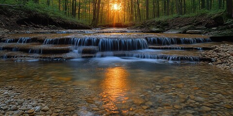 Sticker - Sunlit Waterfall Cascading Through Forest Creek