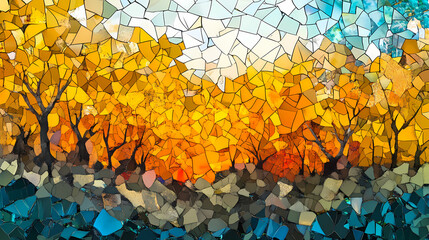 Spectacular autumn season abstract pattern in mosaic glass background features with yellow forest landscape and sky. digital art 3d illustration. Autumn Forest. Illustration