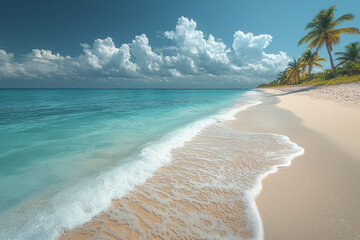 Canvas Print - A tranquil beach with powdery white sand and turquoise waters under a bright, sunny sky, illustrating the idyllic beauty of tropical destinations.