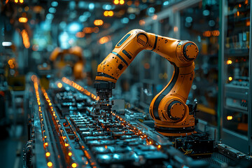 Poster - a robotic arm assembling components on a production line in an advanced manufacturing facility, high