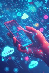 Poster - Hand holding smartphone with digital data flow and cloud technology icons in futuristic neon lighting