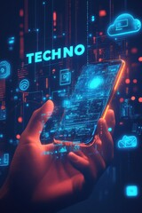 Poster - Hand holding a smartphone with digital data and techno graphics in a futuristic virtual environment