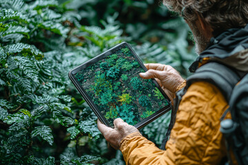 Poster - a person using a high-resolution satellite image to monitor environmental changes, reflecting the ap