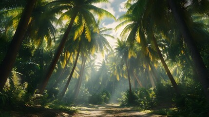 Poster - Sunbeams Through Palm Trees in a Tropical Jungle