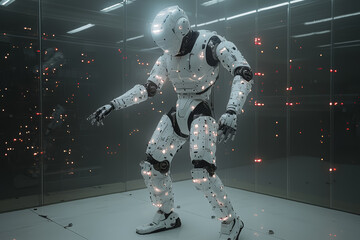 Poster - A high-tech robot performing a complex dance routine, capturing the blend of technology and performance art. Concept of robotics and entertainment.