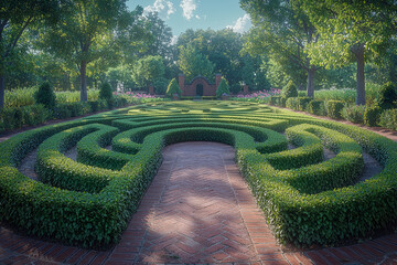 Sticker - A labyrinthine hedge maze in a formal garden, capturing the intrigue and challenge of navigating complex outdoor spaces. Concept of maze gardens and landscape design.