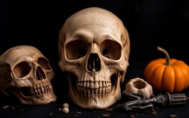 A dark and creepy Halloween still life with white skulls and an orange pumpkin. 
