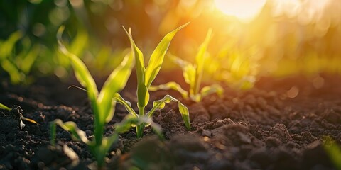 Poster - Young corn seedling sprouts growing in cultivated farm field with shallow depth of field Closeup of agricultural scene with green corn sprouts in the earth