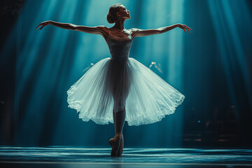 Poster - A graceful ballerina performing an elegant dance on stage, illustrating the artistic beauty and poise of classical ballet. Concept of ballet performance and artistic expression.