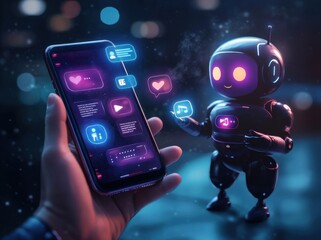 Poster - Hand holding smartphone showcasing vibrant social media icons with a friendly robot engaging in a futuristic digital environment