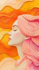 Poster - Profile of a serene woman with flowing pink hair against vibrant orange and yellow abstract background