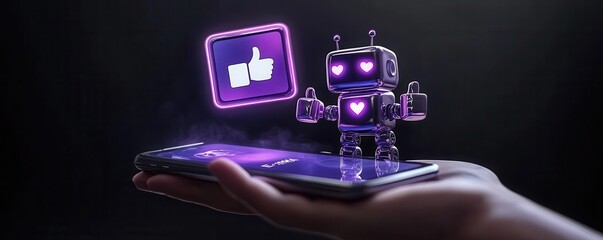 Poster - Futuristic robot interaction with smartphone showing social media engagement in digital landscape with glowing like icon