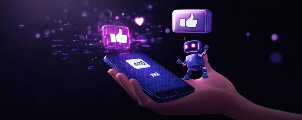 Poster - Hand holding smartphone displaying Facebook like symbol with digital robot and glowing interface in futuristic setting