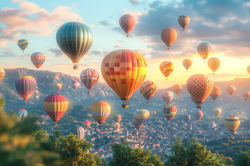 Poster - A colorful hot air balloon festival with dozens of balloons of various shapes and designs soaring in the sky, illustrating the excitement and beauty of ballooning.