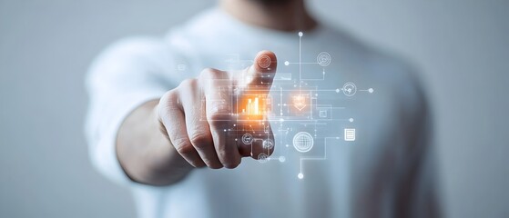 Poster - Modern Businessman Pointing at Invisible Analytics Dashboard on White Background