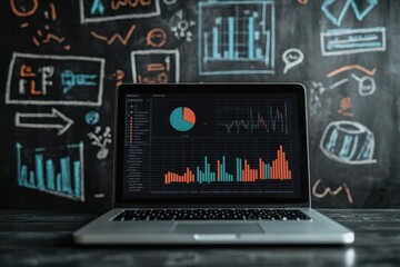 Poster - Laptop displaying data and graphs on a desk with chalkboard drawings in the background, representing analysis and business insights