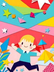 Poster - Papercut Illustration of a Happy Child Running in a Colorful World