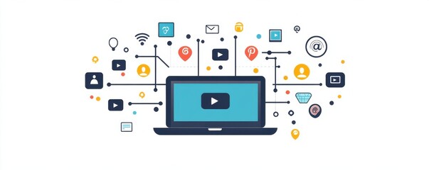 Poster - Laptop with social media icons and network connections representing digital communication and online connectivity