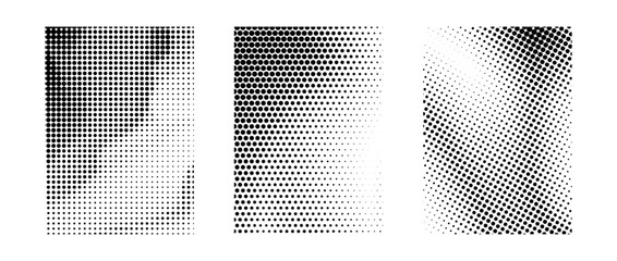Poster - Different grunge halftone gradient set. Black grit sand noise texture collection. Retro dotted pixel backdrop pack. Comic polka dot overlay with raster effect for banner, poster, flyer. Vector