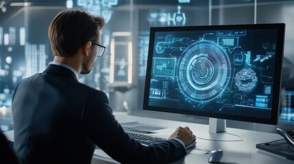 Business professional analyzing data on futuristic computer interface in modern office setting. High-tech digital innovation and technology concepts.