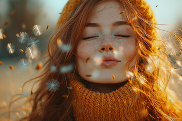 An adult blowing dandelion seeds into the wind, making a wish. Concept of childhood traditions and hopeful moments.