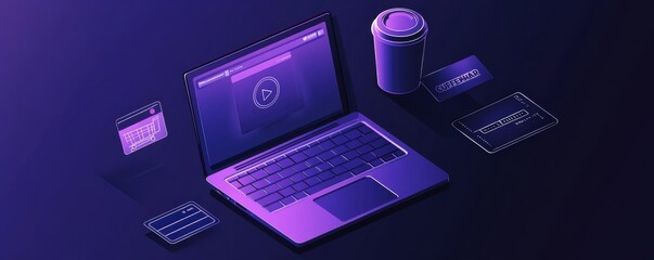 Poster - Digital workspace with laptop and coffee cup in purple and blue  illustration for online shopping and remote work concept