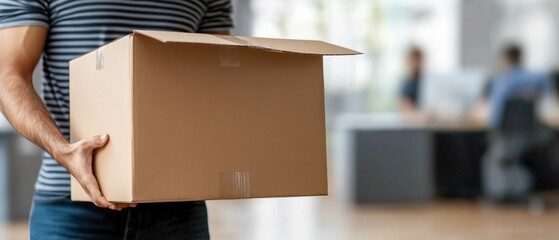 Man holding cardboard box in office environment