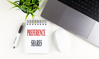 Poster - Preference shares concept with notebook, pen, laptop, and plant on desk