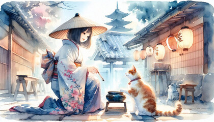 A watercolor painting of a cat and a girl.generated by AI.