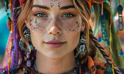 Canvas Print - Vibrant Bohemian Festival Portrait, capturing bohemian style and festival vibes, hyperrealistic . Video