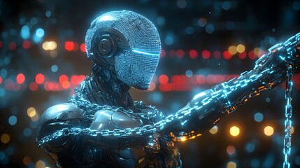 A futuristic robot, its arms bound by holographic chains of ethical codes, faces a tribunal of judges in a high-tech courtroom; dystopian, 3D rendering, blue and red neon lights, intense atmosphere