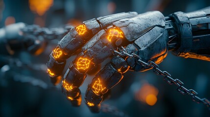 Futuristic robotic hands wrapped in thick iron chains, neural network patterns glowing faintly, illustrating AI regulation, dramatic lighting