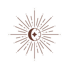 Wall Mural - vector bohemian logo design template with sun and sunburst. boho linear icon or symbol in trendy min
