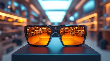 Black sunglasses with orange lenses on a black podium in a shop with shelves in the background.